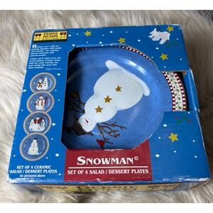 NIB Debbie Mumm Sakura Snowman Plates Set of 4 Vintage 8" Christmas Holiday